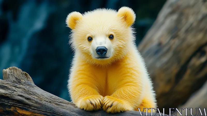 Golden bear cub resting on log in soft forest light.