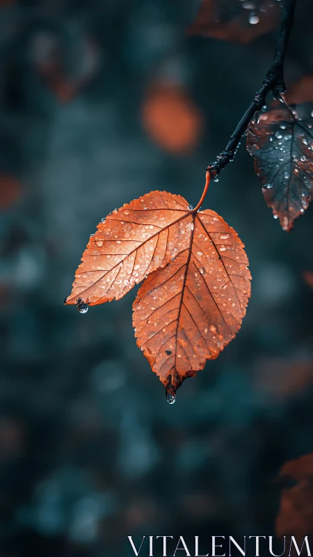 Close-up of wet orange leaves against blurred dark background.