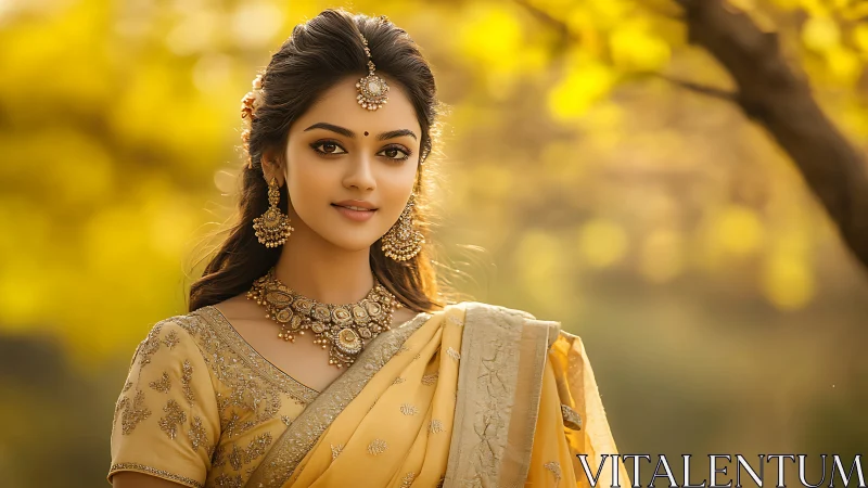 Photorealistic portrait of woman in golden saree, bokeh background