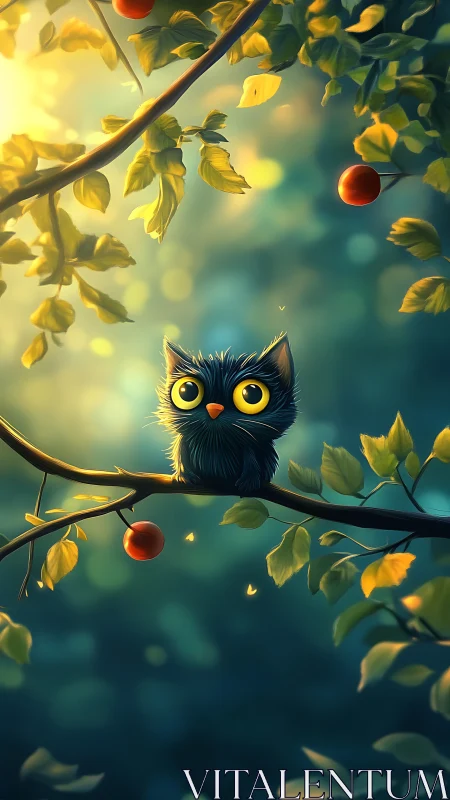 Small stylized bird-like creature sits on sunlit tree branch
