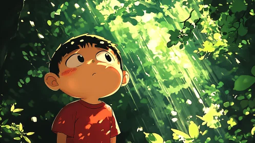 Curious boy studies dappled sunlight cutting through forest canopy