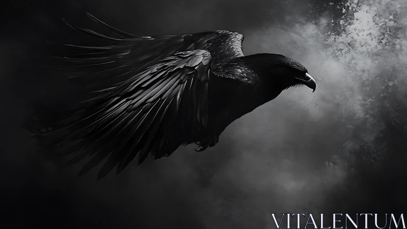Night-sky raven glides calmly through misty silver clouds