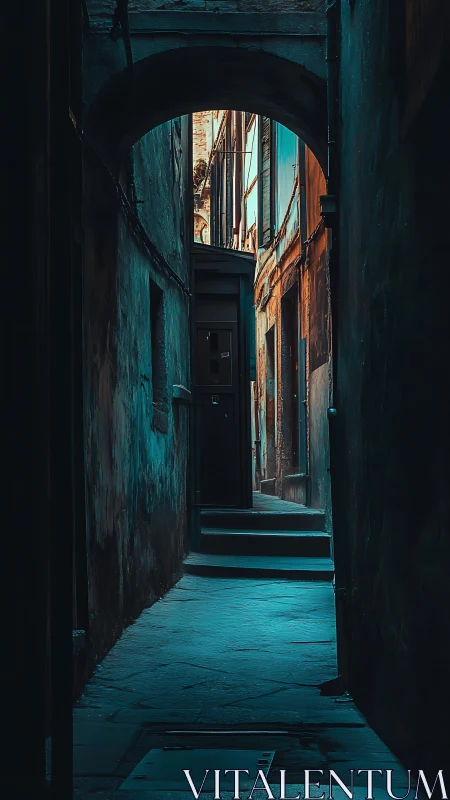 Quiet old alley invites you toward its hidden blue light