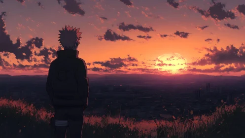 Solitary anime figure contemplates a glowing sunset cityscape