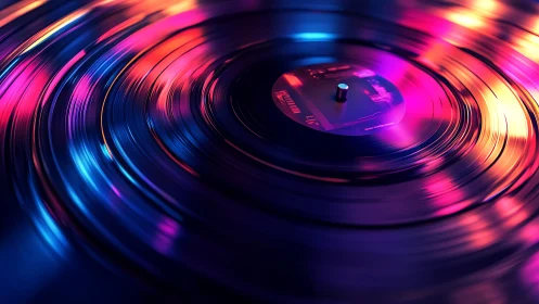 Spinning vinyl record with vivid neon colored light reflections.