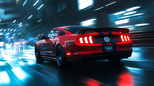 Red sports car on wet city street at night in motion.