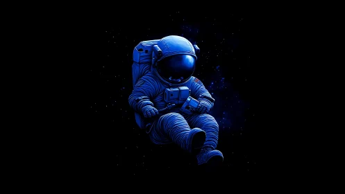 Isolated blue astronaut figure against deep space background.