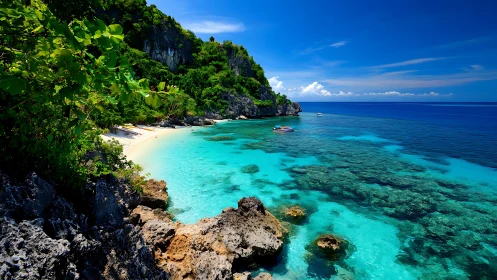 Tropical lagoon with limestone cliffs and turquoise water.