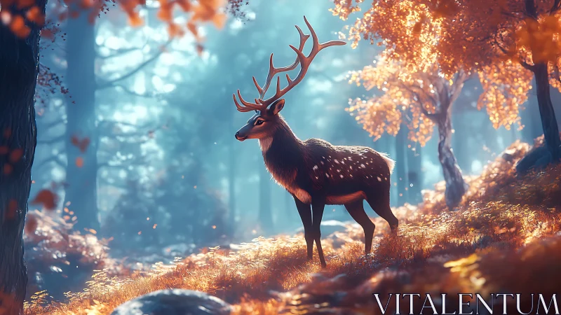 Majestic stag in luminous autumn forest glade at dawn.