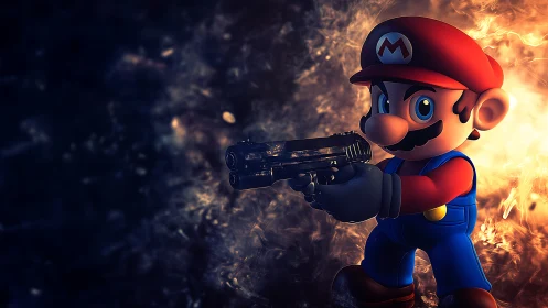 Brave cartoon hero stands ready in a glowing fiery world.