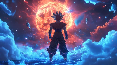 Celestial warrior silhouette before erupting star in cosmic clouds