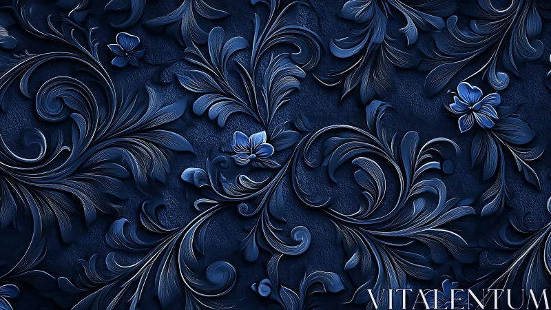 Ornate midnight blue floral relief with sculpted baroque swirls.