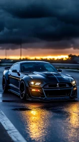 Storm-lit black muscle car on wet highway at sunset.