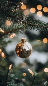 Gilded bauble hovers like a tiny sun in winter silence