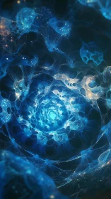 Spiraling blue cosmic web glows like a living galaxy heart