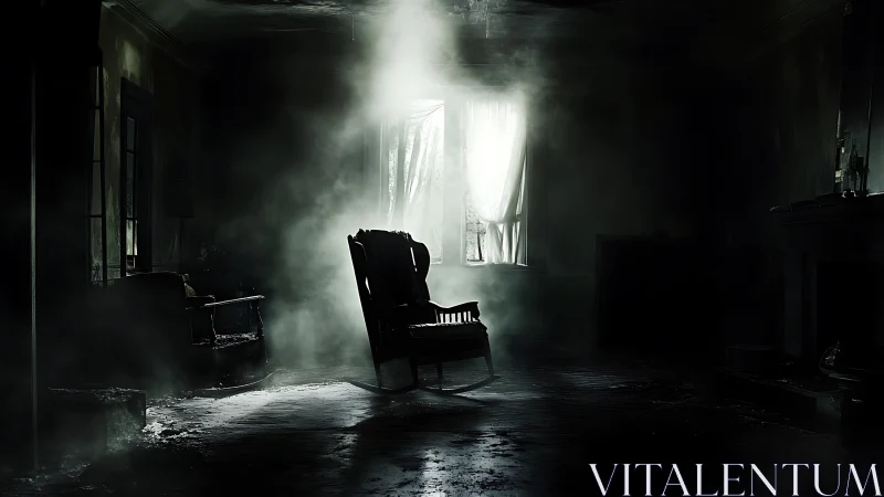 Rocking chair in dim interior with backlit window and haze.