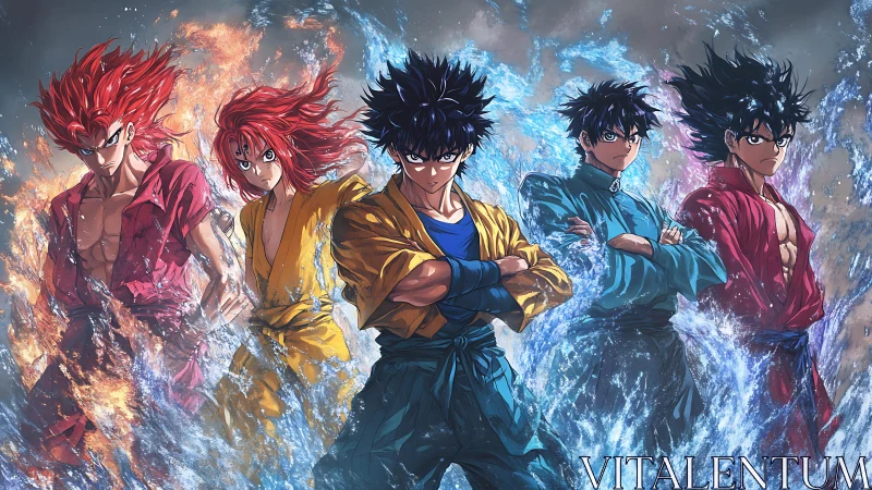 Elemental anime warriors aligned in fiery and aquatic energy arc