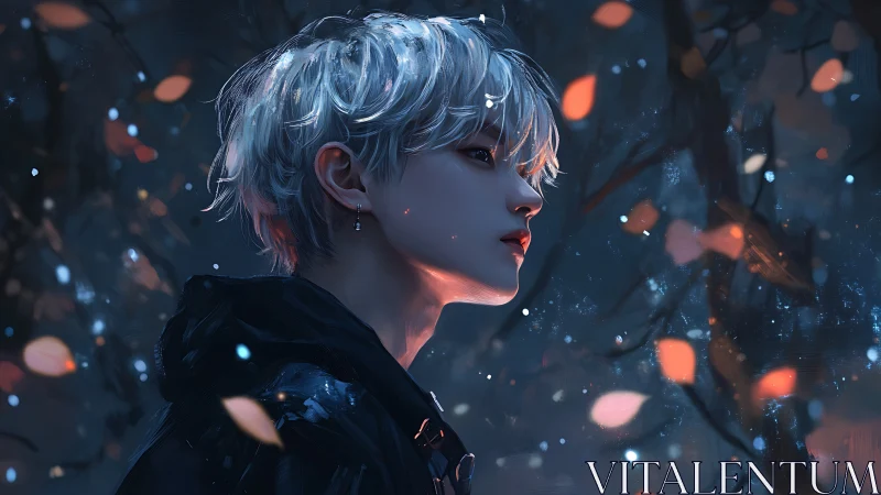 Silver haired youth in moody bokeh forest profile portrait.