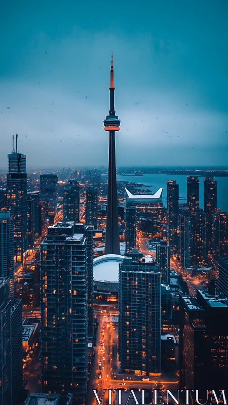 CN Tower dominates blue hour Toronto skyline glow.