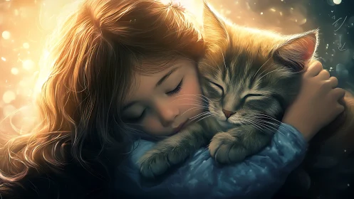 Girl and Cat Embrace in Golden Light.