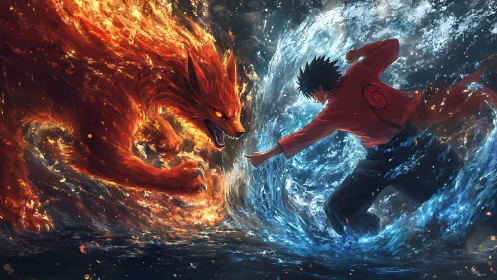 Fiery fox spirit clashes with water-wielding warrior