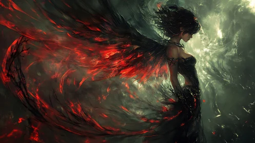 Dark winged woman stands in swirling red and green light