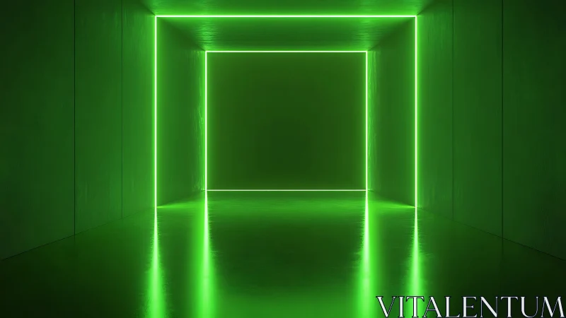 Green neon frame illuminates dark reflective corridor