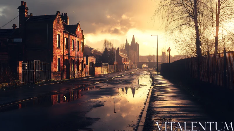 Sunlit industrial street with cathedral skyline reflections.