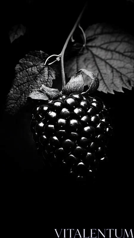 Black and white closeup of a single ripe blackberry.