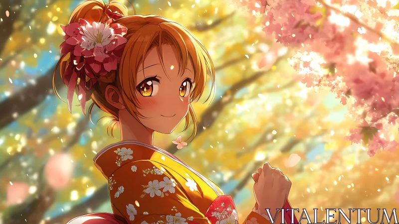 Springtime kimono glow beneath drifting cherry blossoms.