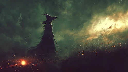 Lone witch confronts blazing magic amid stormy twilight.