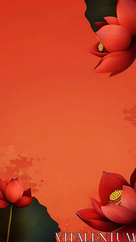 Vibrant red lotus flowers bloom against a warm coral gradient background.