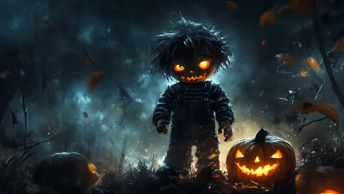 Sinister pumpkin-headed child amid eerie Halloween glow.