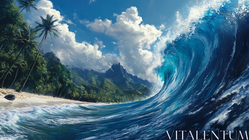Towering wave curls toward a sunlit tropical island shore