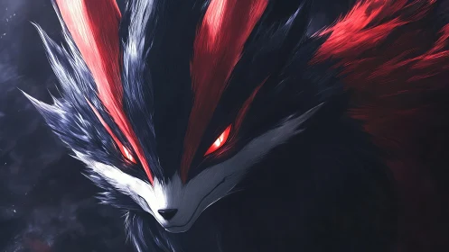 Dark fox creature glares forward with crimson glowing eyes
