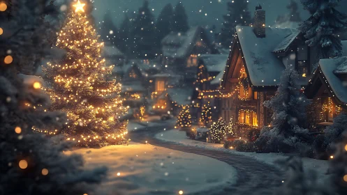 Snowy village glows softly under a welcoming Christmas tree