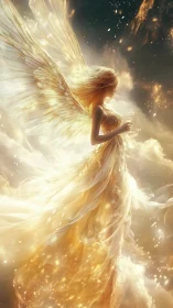 Radiant golden angel rises through luminous celestial clouds