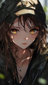 Golden-eyed girl in hooded jacket under soft daylight.