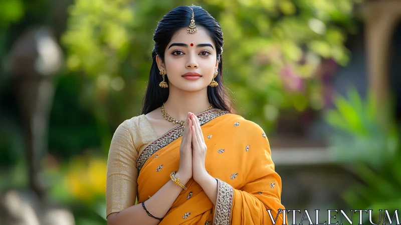 Young Indian woman in yellow saree posing traditionally outdoors.