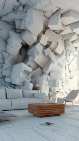 Abstract cube wall transforms a minimalist white living room