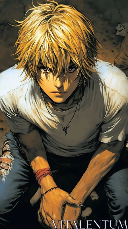 Brooding blonde anime boy sits in gritty, golden light