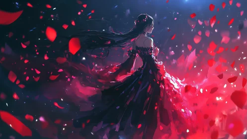 Midnight waltz in a storm of glowing crimson petals.