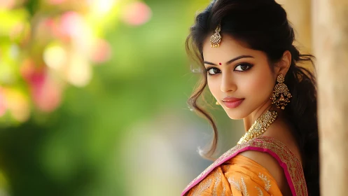 Bridal portrait in vibrant saree with luminous bokeh garden.