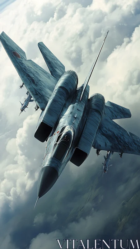 Steep-climbing fighter jet slicing through stormlit clouds.