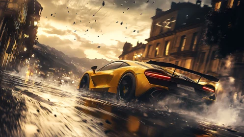 Yellow sports car on wet city street at dusk in motion.