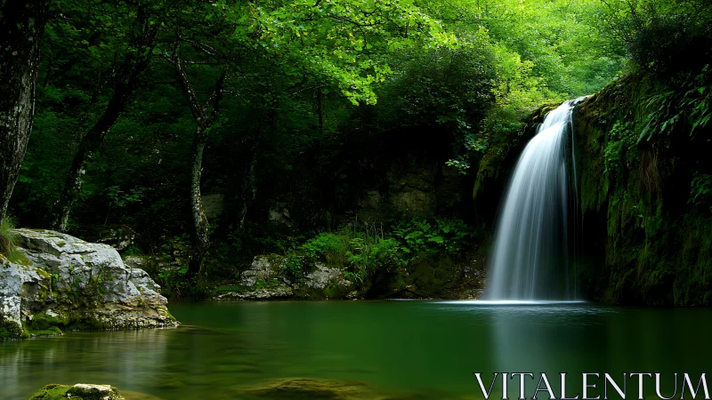 Forest waterfall pours into still emerald pool at dusk