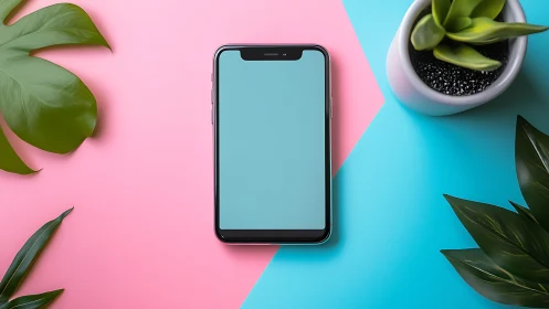 Mobile phone on geometric two-tone background with potted plants.