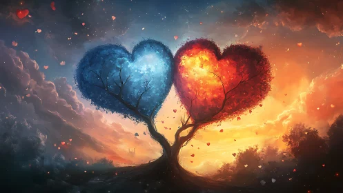 Dual Heart Tree: Fire and Ice Love Symbolism