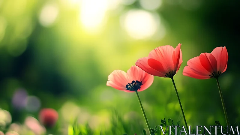 Red Poppies Glowing Against Soft Green Bokeh Background.