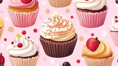 Cupcake arrangement with varying frosting types and decorative elements.